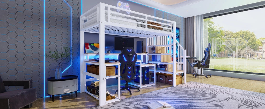 DESMIU Letto a soppalco 1 piazza con scrivania, USB, LED regolabile e scaffali 90 × 200 cm, senza materasso, bianco