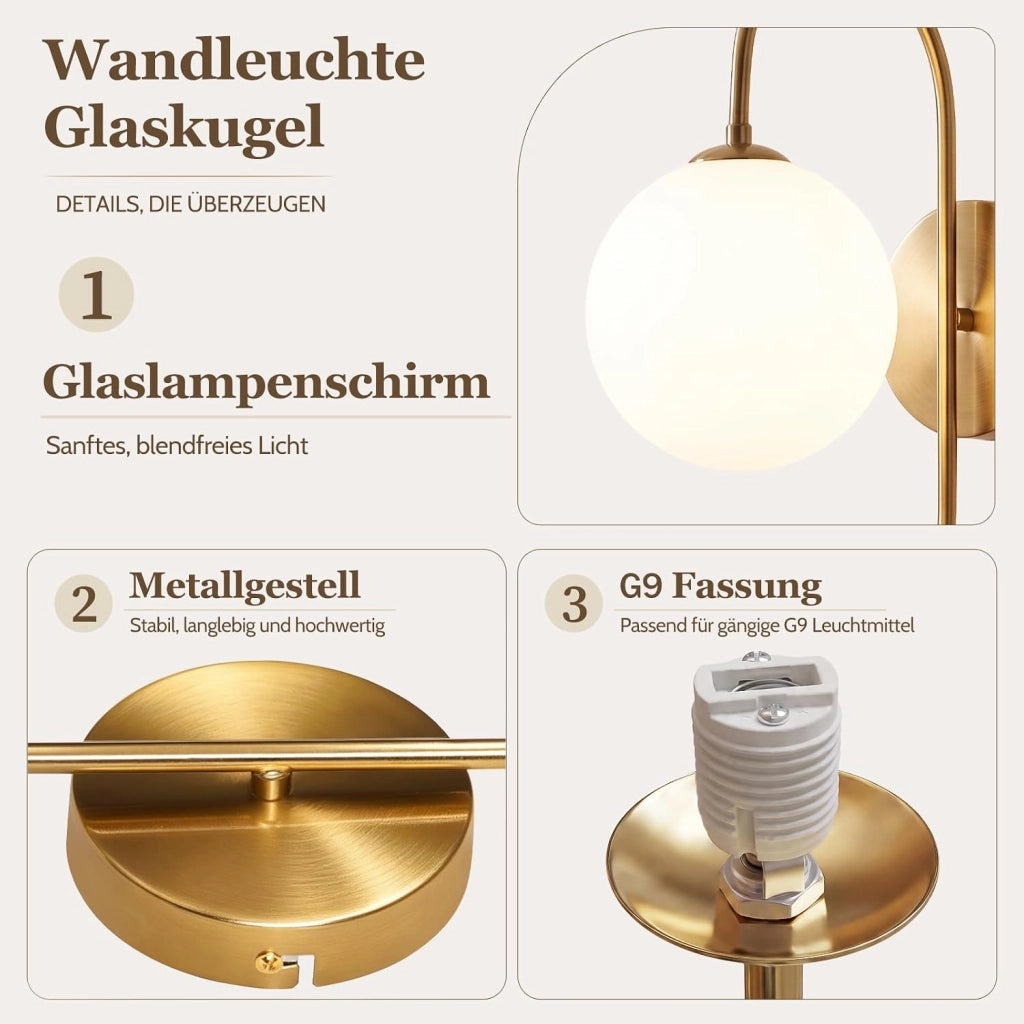 ZMH Lampada da Parete Interni Oro G9 Vetro Sferico 36cm Rotonda Vintage Metall per Soggiorno Scala Senza Lampadina