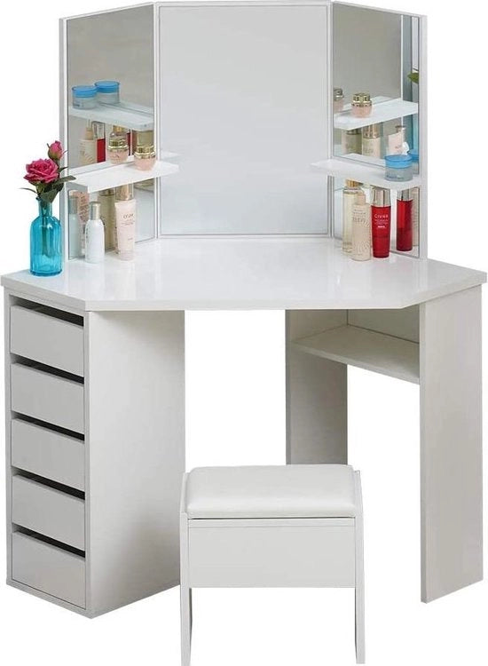 Tavolo da Bagno con Specchio per Donne - Bambini - Angolo Curvo - Con Sedia - 3 Specchi - 5 Cassetti - Bianco - Comodino - Tavolo da Bagno con Specchio - 110 x 54 x 142 cm