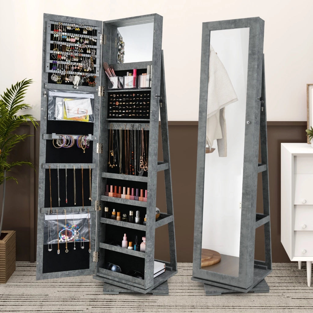 Armadio portagioielli girevole a 360¡ã con specchio, Organizer gioielli 2 in 1 a figura intera Grigio-Armadietti per gioielli