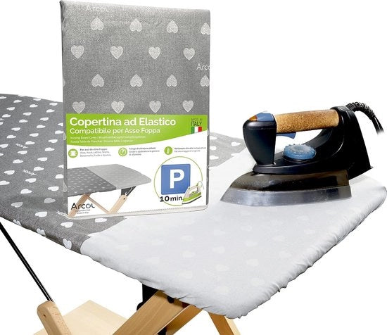 Hoes di ricambio in elastico, compatibile con ferro da stiro; questo rivestimento per tavolo da stiro con zone di parcheggio per il ferro da stiro caldo; realizzato in Italia, 100% cotone