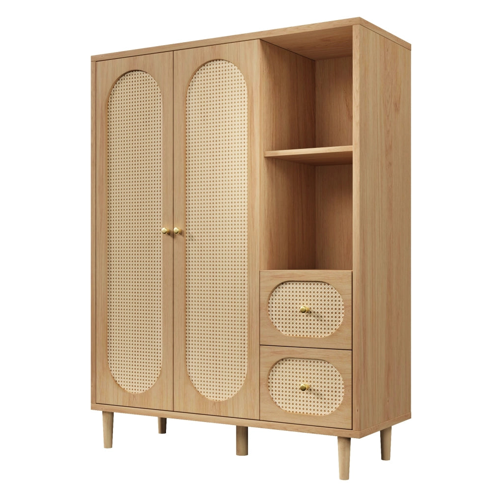 Armadio in legno massello, ante con decorazioni in vimini, 2 cassetti, ripiani aperti, color rovere