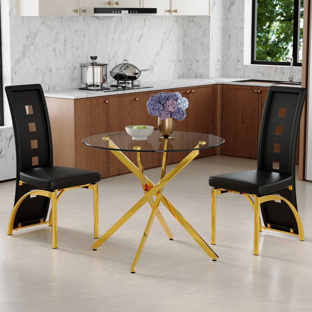 Tavolo da pranzo rotondo in vetro temperato con 2 sedie in PU e metallo, nero e oro, diametro 88 cm