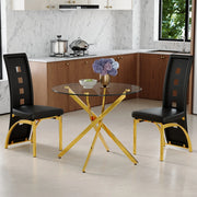 Tavolo da pranzo rotondo in vetro temperato con 2 sedie in PU e metallo, nero e oro, diametro 88 cm