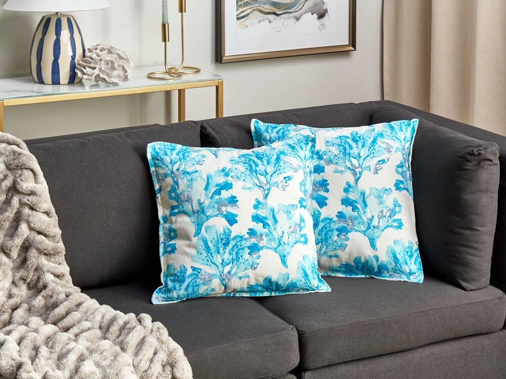 Set di 2 cuscini quadrati in cotone con motivo corallino marino bianco e blu 45 x 45 cm accessori per la casa