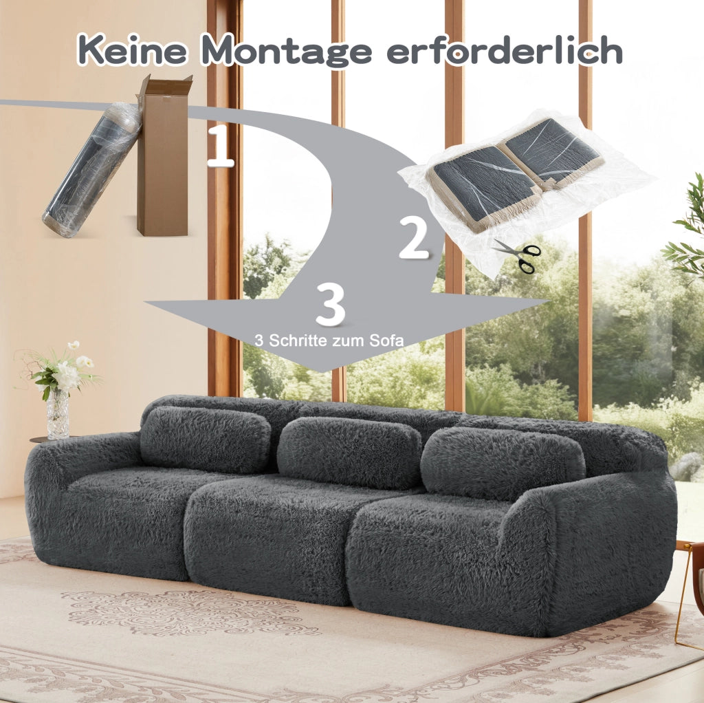 Divano modulare 3 posti in tessuto plush grigio; 291x104x73 cm; senza montaggio con base antiscivolo