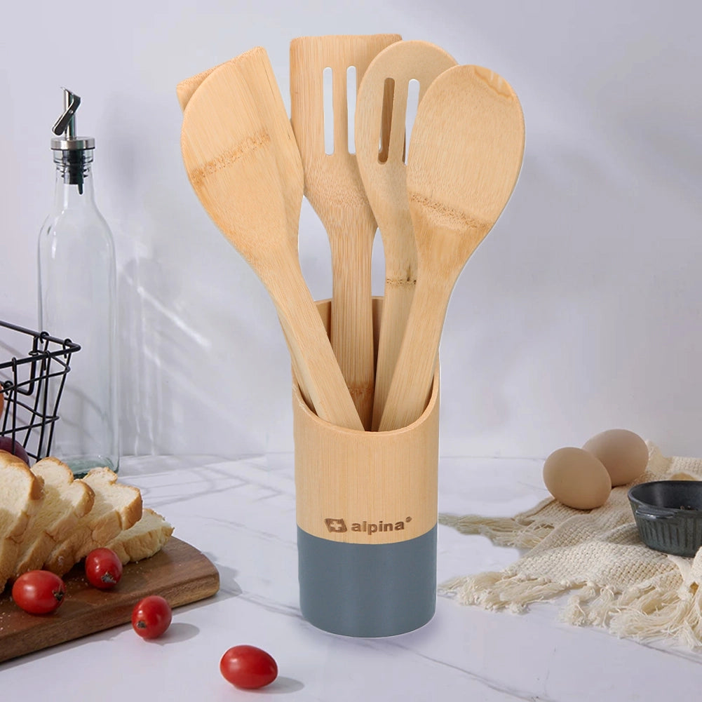 Set 6 Utensili da Cucina in Bambù Lunghezza 30 cm Antigraffio Colori Assortiti