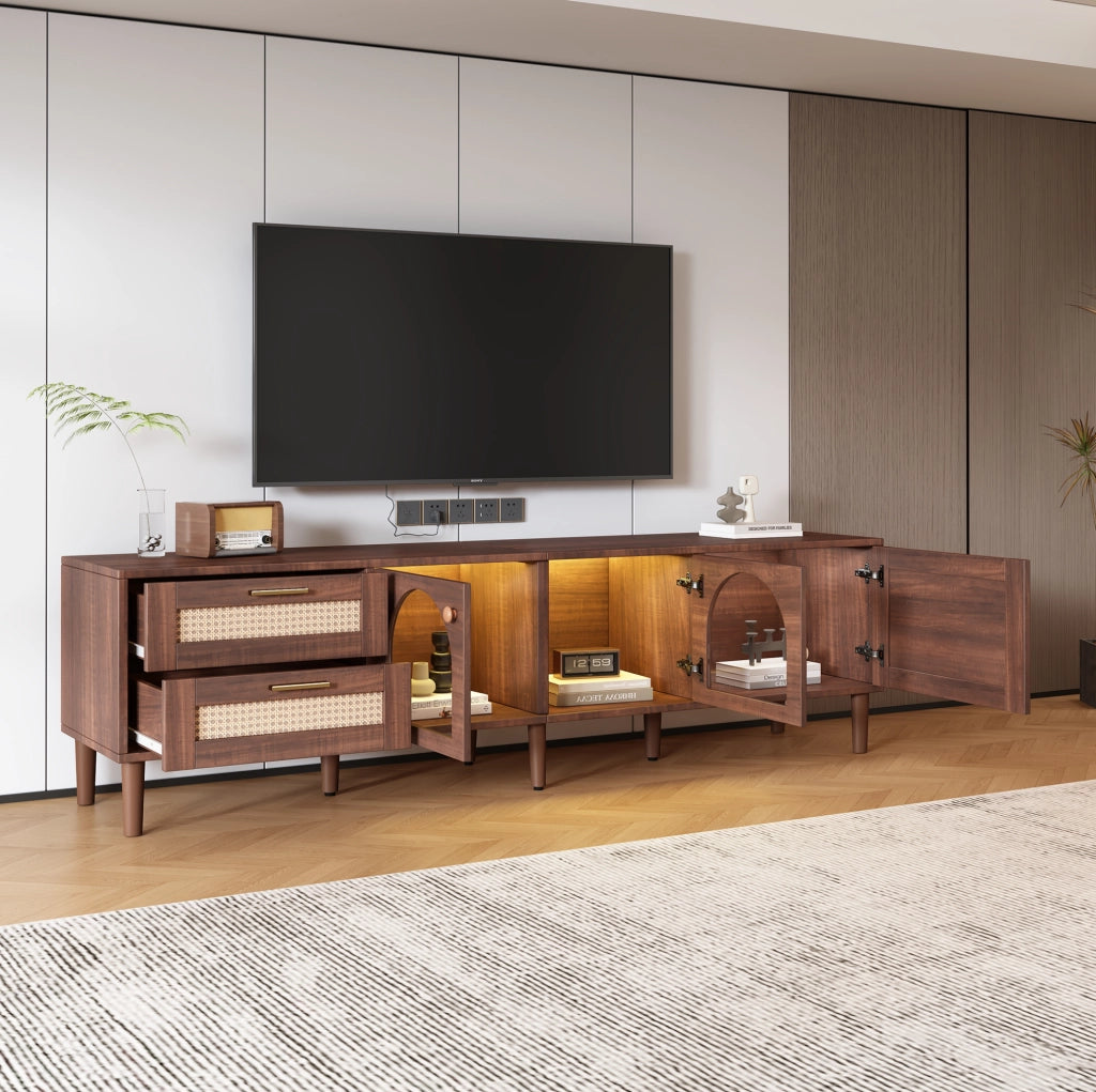 Mobile TV marrone 180 cm con LED, ante in vetro e rattan