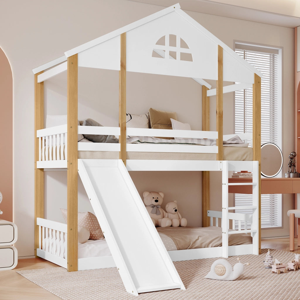 OKWISH Letto a Castello 90×200 cm, Letto Singolo con Scivolo, Scala 3 Gradini e Finestra, senza Materasso, in Legno, Bianco e Naturale