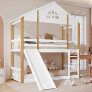 OKWISH Letto a Castello 90×200 cm, Letto Singolo con Scivolo, Scala 3 Gradini e Finestra, senza Materasso, in Legno, Bianco e Naturale