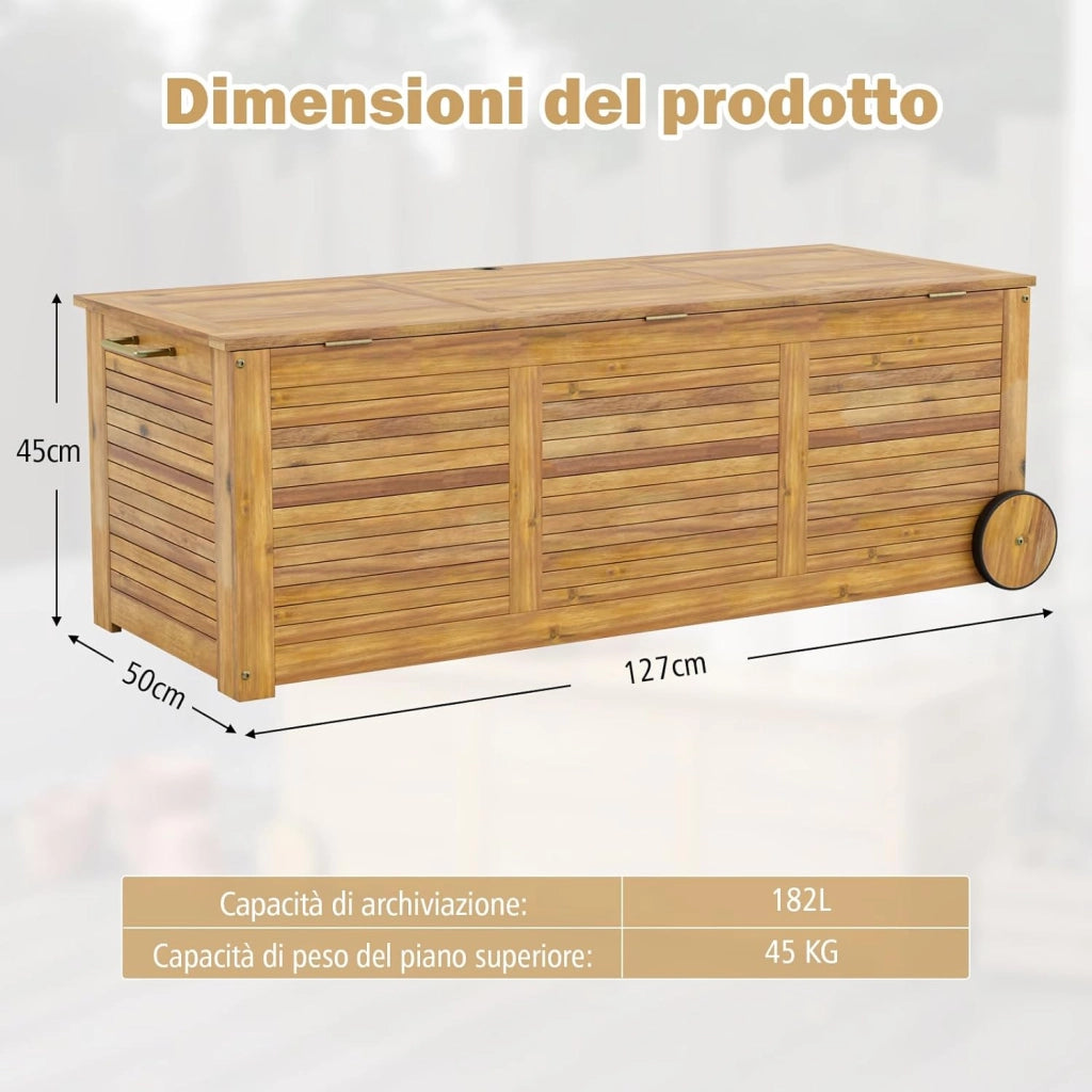 Baule da Esterno con Ruote 182 L, Contenitore da Giardino con Maniglia Laterale, Panca Contenitore in Legno, per Interni e Esterni, 127 x 50 x 45 cm (Modello 7)