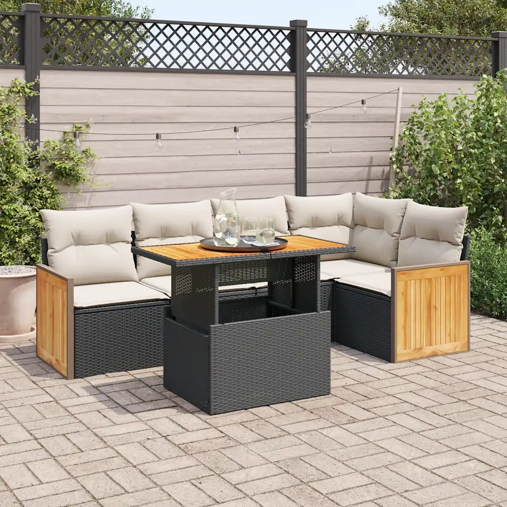 Set Divano da Giardino 6 pz con Cuscini Nero Polyrattan Acacia 3327710