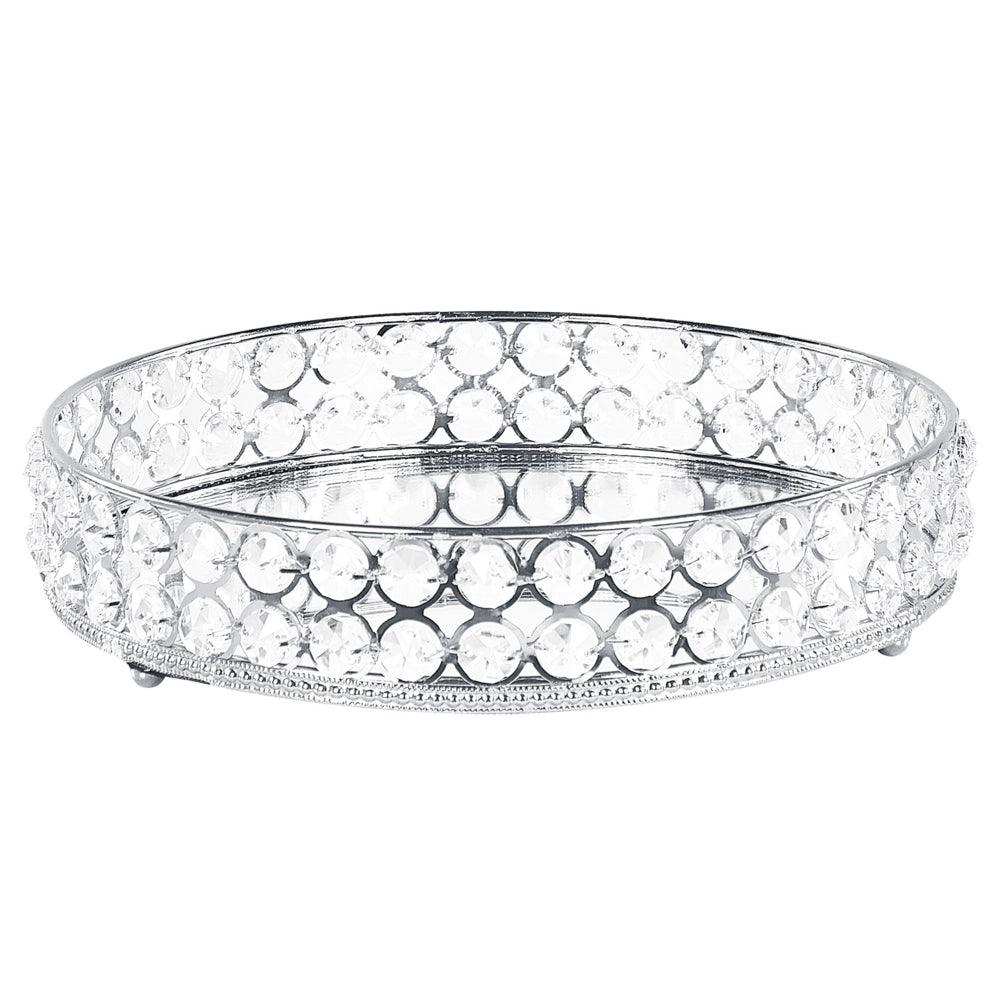 Vassoio decorativo argentato in ferro e vetro specchiato rotondo con strass da tavolo con i glamour