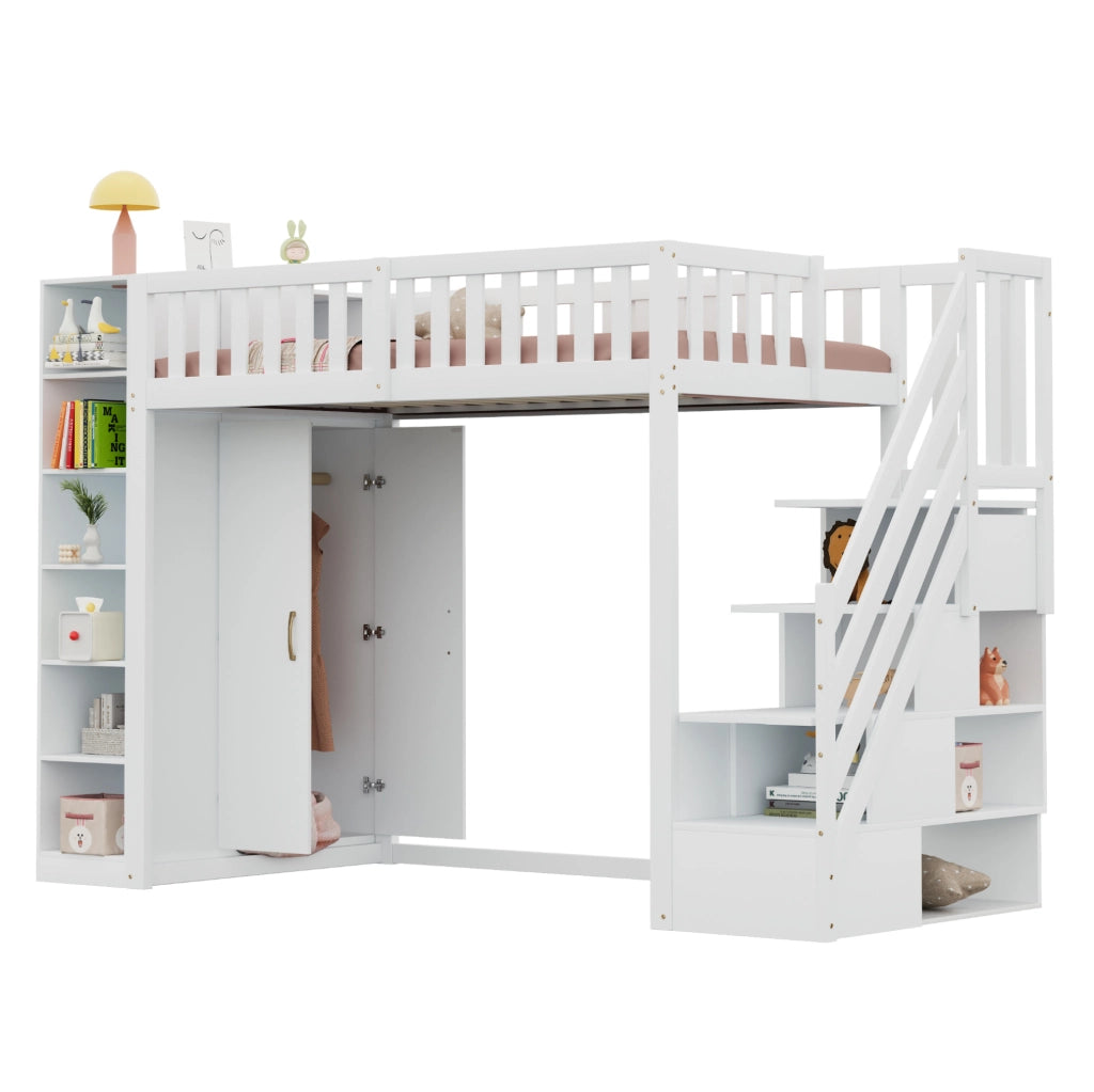 Letto a soppalco 90 x 200 cm con armadio, ripiani e scala contenitore
