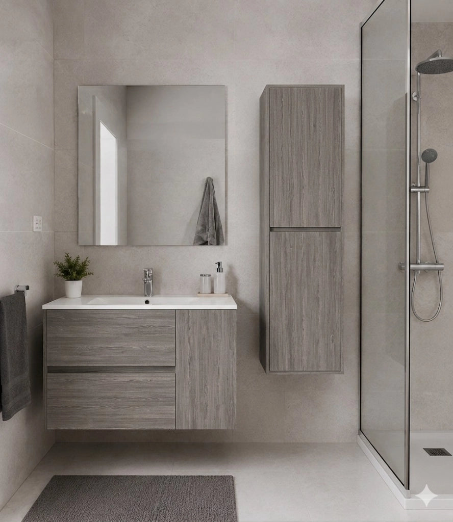 Mobile Bagno HEIMDALL Già Montato 2 cassetti e porta, lavabo e specchio Rovere affumicato 60x35 cm con colonna