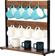 Scaffale per mok in legno con stile vintage - Supporto per mok e tazze - Rastrello per mok con 16 ganci - Accessorio per barista