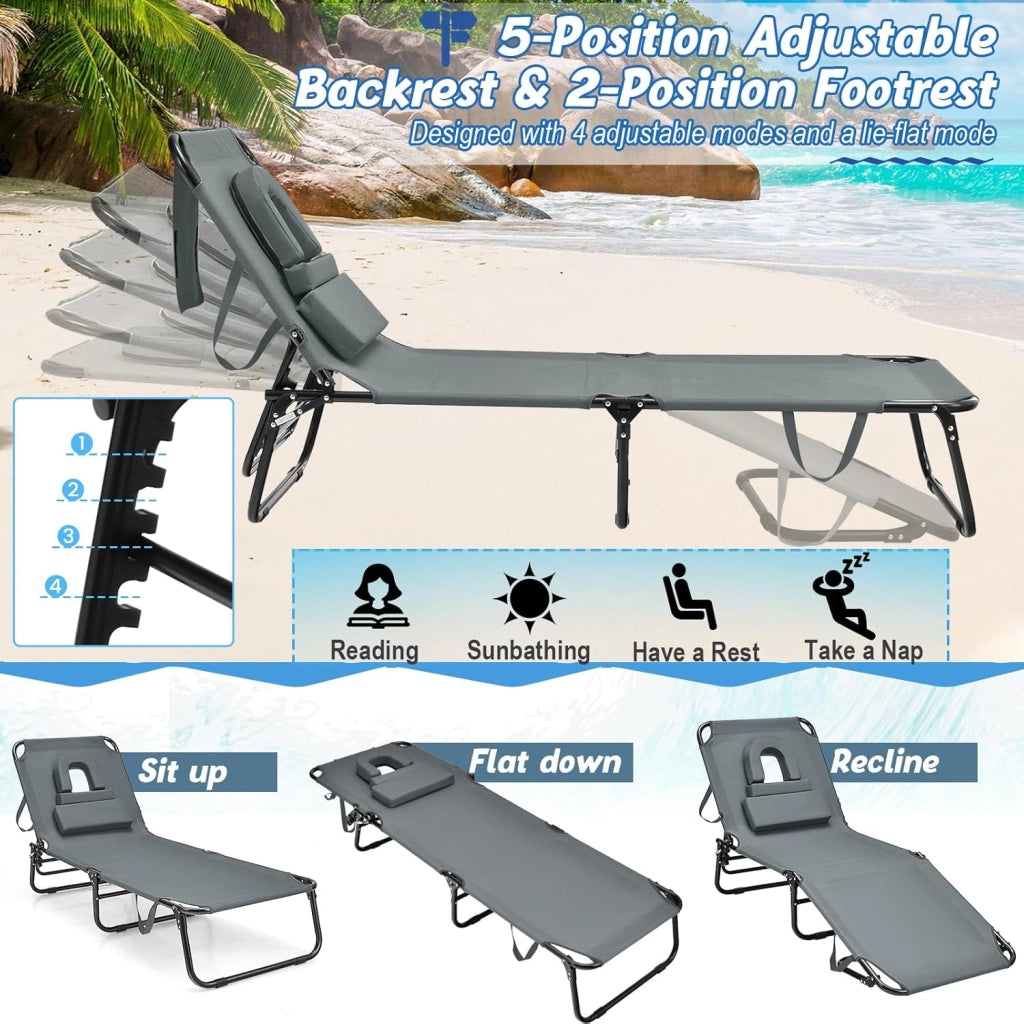 Lettino pieghevole per abbronzatura, con foro per il viso e cuscino estraibile, schienale e poggiapiedi regolabili, poltrona portatile per piscina e spiaggia (grigio)