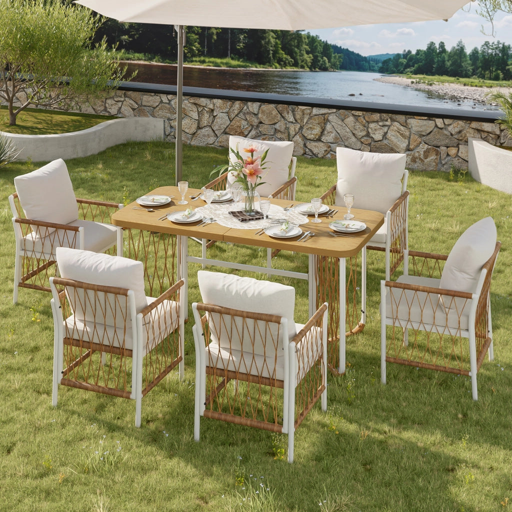 Set da pranzo da giardino 1 tavolo e 6 sedie; struttura in ferro; beige e marrone naturale