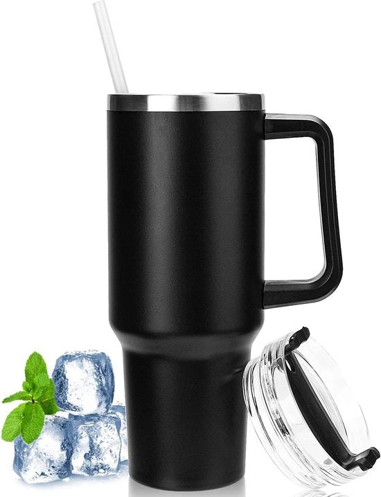 Fiasco a doppio strato in acciaio inossidabile con beccuccio e manico, tazza di caffè con coperchio per auto, ufficio, caffè caldo e freddo, acqua e tè, BPA libero, 1.180 ml, nero