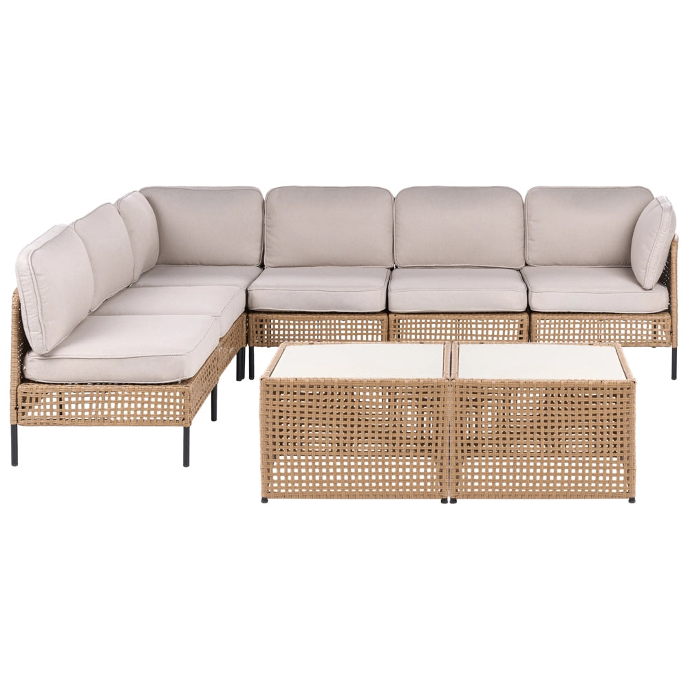Divano angolare da giardino in rattan PE beige chiaro modulare a 6 posti con tavolino in vetro struttura in metallo con cuscini stile moderno