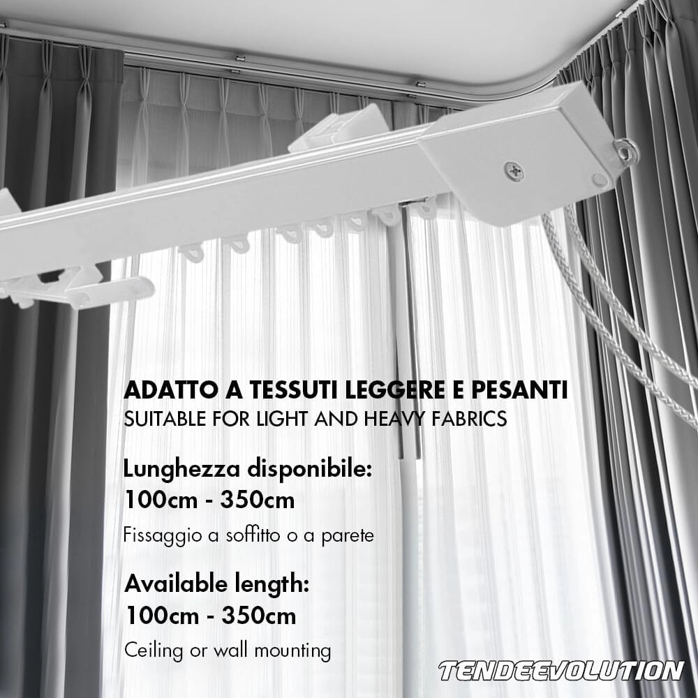 Binario Scorritenda Lineare da Soffitto in Alluminio Bianco con Movimento a Corda Apertura Centrale - Riloga Bastone per Tenda 220cm