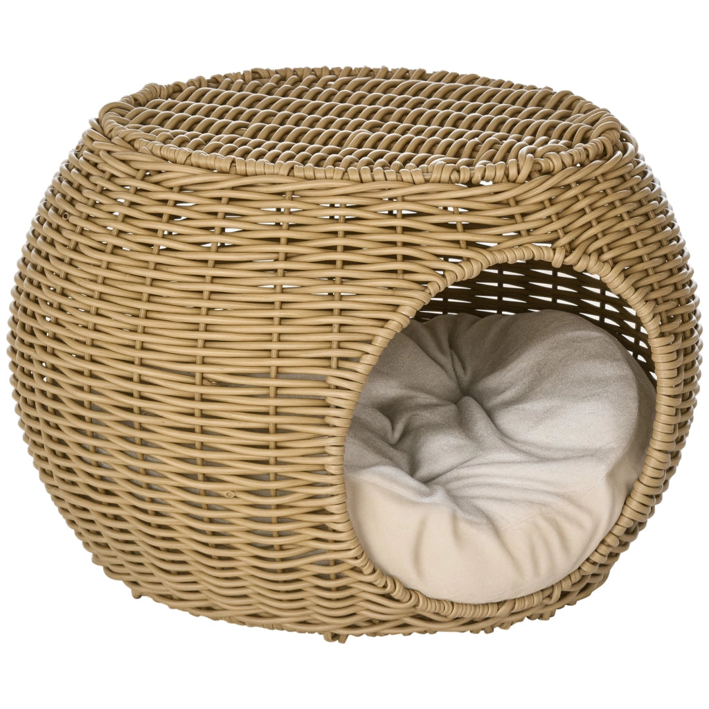 Cesta per Gatti a 2 Livelli ¨C zephmum ¨C Resina Effetto Rattan con Cuscino Marrone Chiaro ?40x30cm