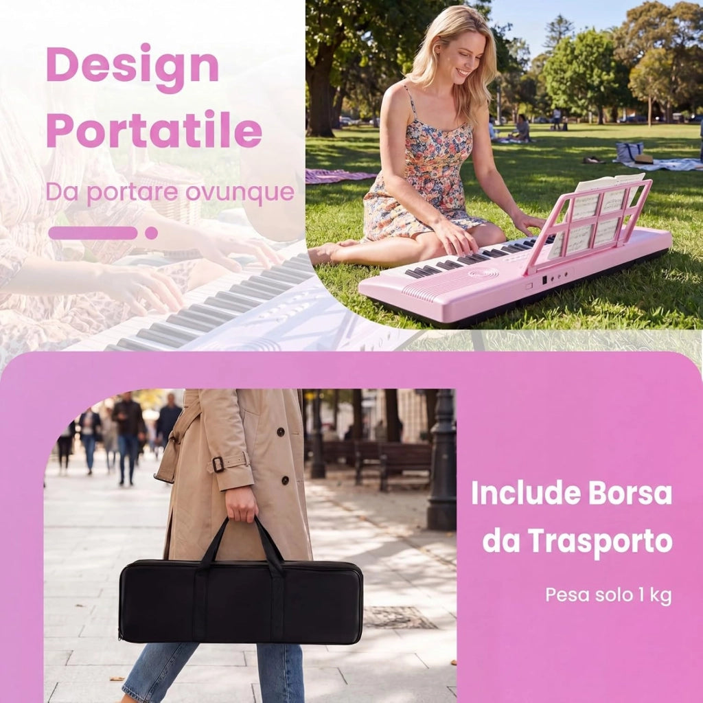 Pianoforte Digitale a 61 Tasti, Pianoforte Elettronica con Supporto, Microfono, Pianoforte Portatile con Adesivi per Tasti e Borsa da Trasporto, per Bambini e Adulti (Rosa)