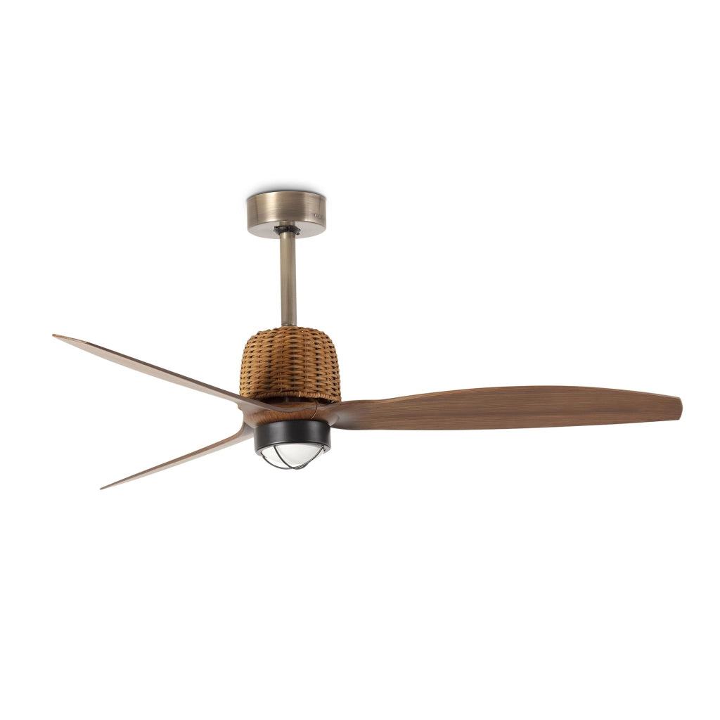 FARO Ventilatore a soffitto Weaver Ø1280 mm motore DC 6 velocita con funzione inversa per soffitti inclinati acciaio Oro Vecchio pale finitura noce 3000K FARO-334361N
