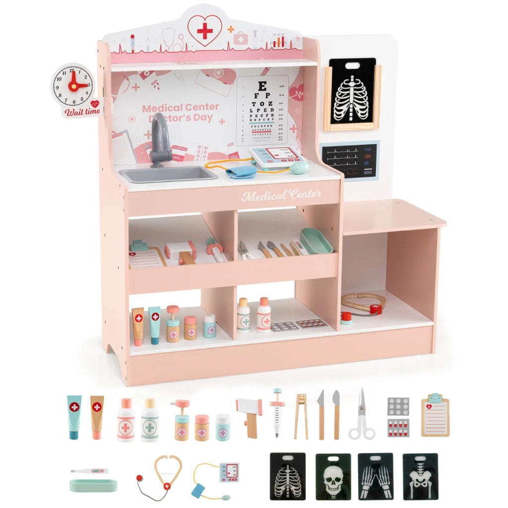 Set da gioco medico in legno 97 x 30,5 x 88 cm con 24 accessori didattici interattivi in ​​MDF rosa 20_0011506