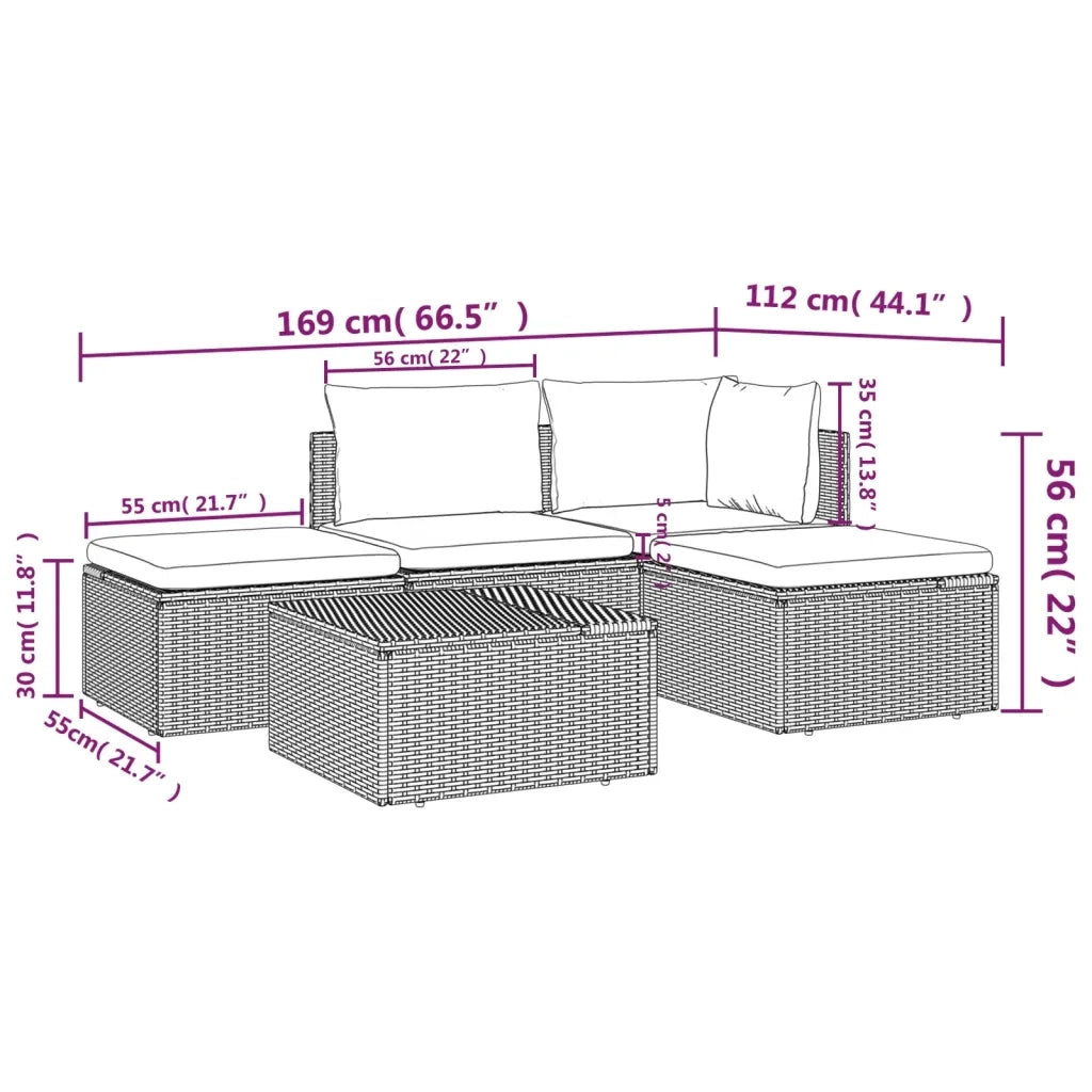 Set Divani da Giardino 5 pz con Cuscini in Polyrattan Grigio cod mxl 44315
