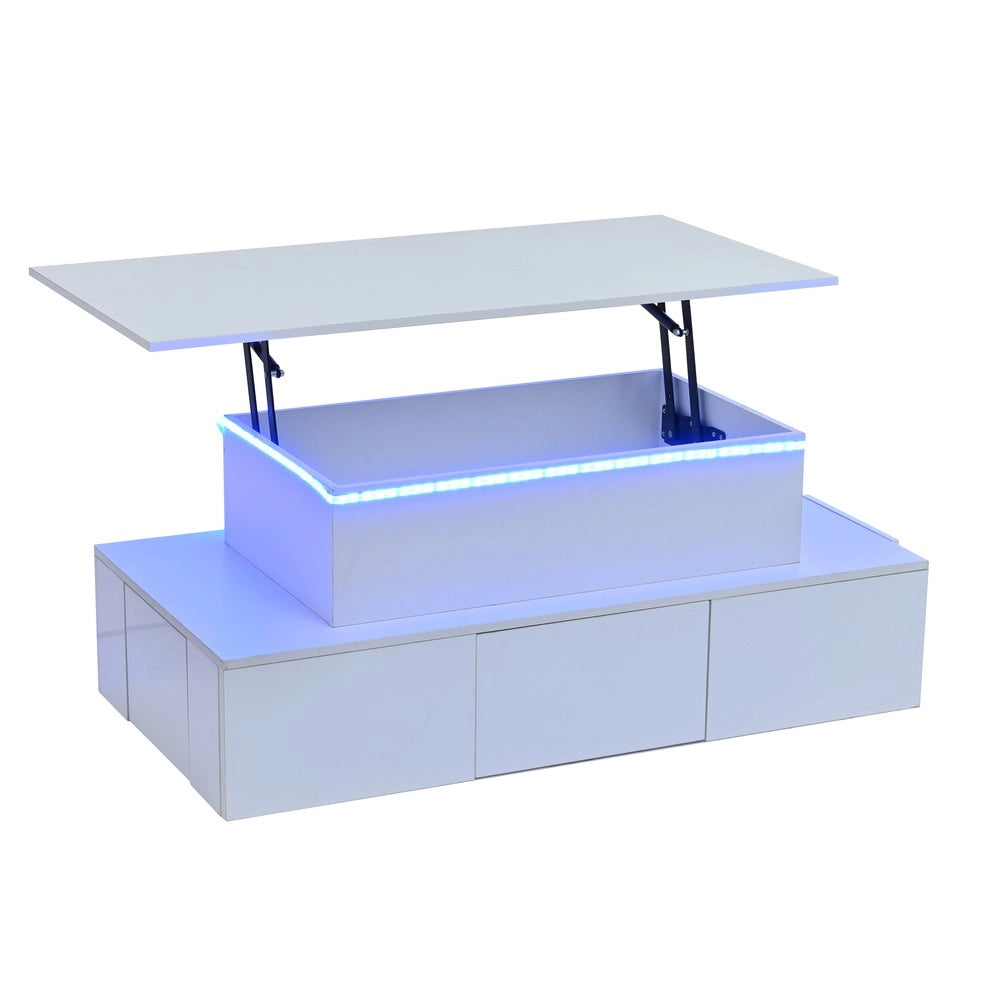Tavolino da Caff¨¨ Sollevabile con LED e Cassetti ¨C MINIMAL ¨C Bianco, MDF, 100x50x40