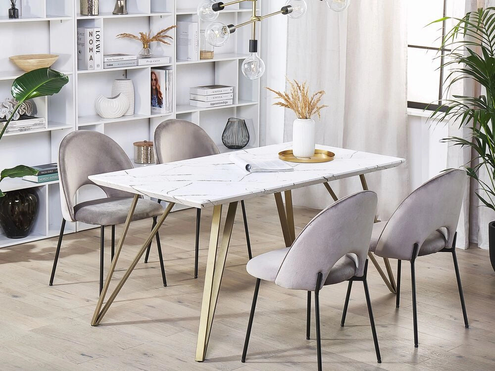 Tavolo da Pranzo Bianco con Piano in MDF dorato Gambe in Metallo 150 x 80 cm Effetto Marmo Glamour Industrial