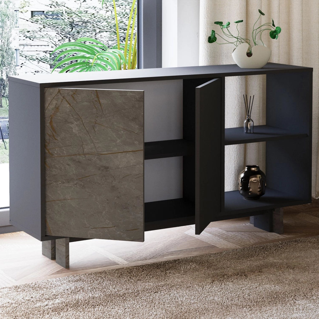 Credenza in legno "Ravello" - 140 x 35 x 80 cm - Grigio antracite marmorizzato