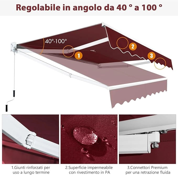 Tenda da Sole per Esterno Avvolgibile, Tenda da Sole a Bracci Estensibili con Telaio in Alluminio e Tettuccio Resistente al Sole e Impermeabile e Manovella (245 x 200 cm,Rosso)