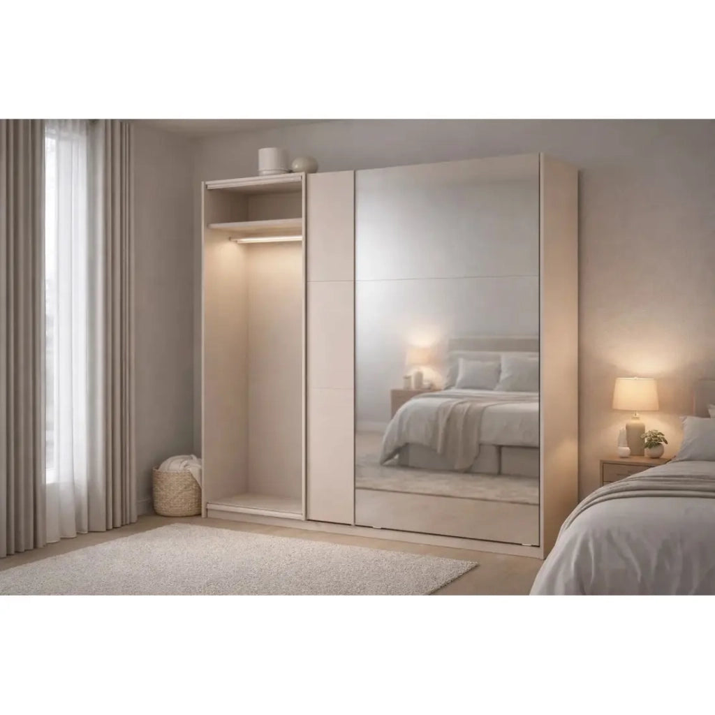 Armadio VENEZIA con cabina armadio aperta LED e specchi cachemire 221 cm