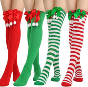 4 paia di calze da Natale con strisce, calze con pompon, calze a ginocchio per donne, calze da Natale a strisce lunghe