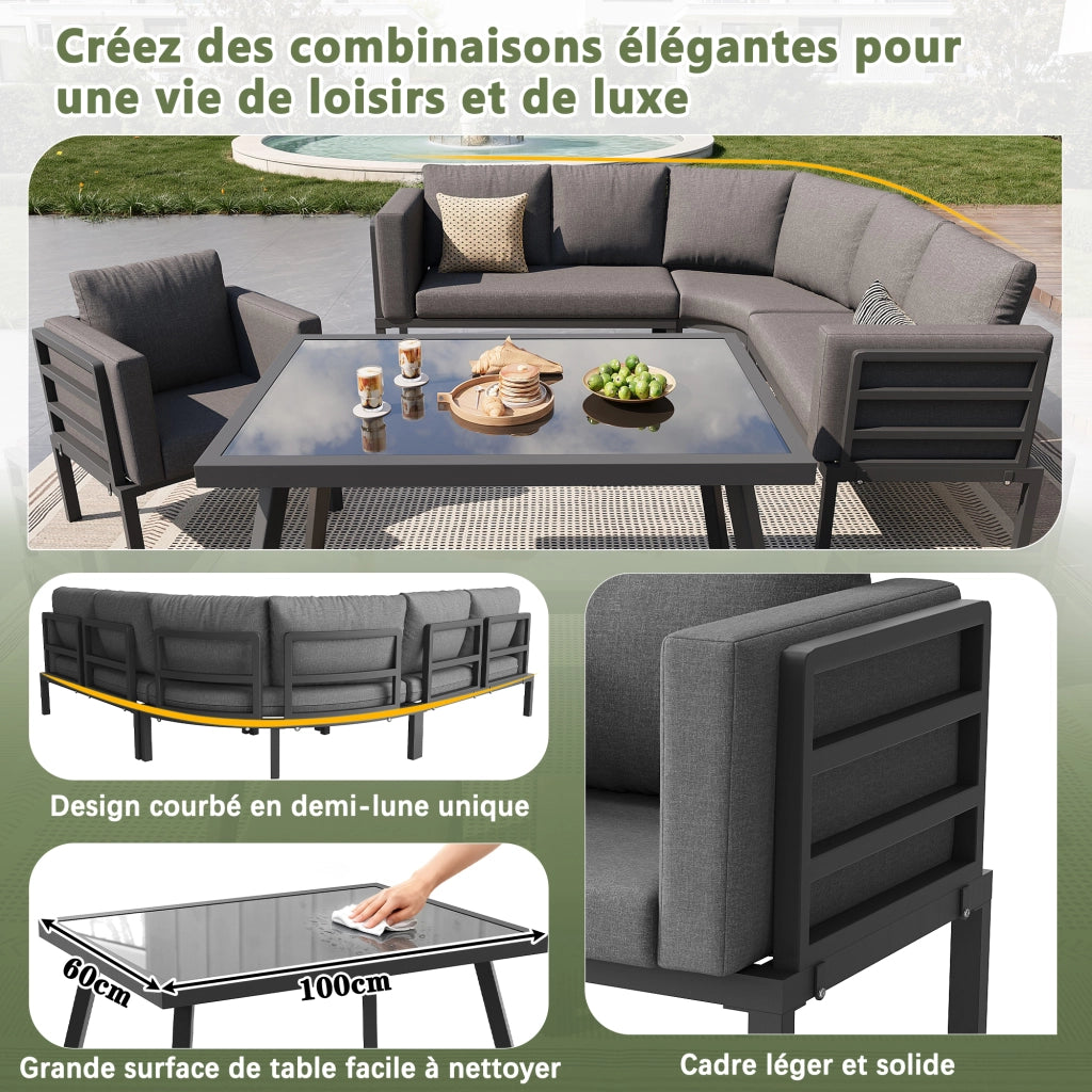 OKWISH Set da 7 Mobili da Giardino con 3 Divani, 1 Poltrona, 2 Sgabelli e 1 Tavolino, Ferro Grigio