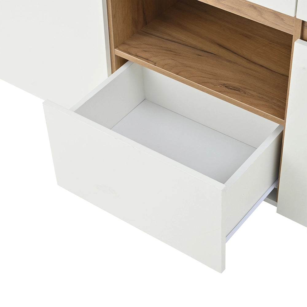 Credenza Soggiorno 140x40x70cm - Xylo - 4 Cassetti e Luci LED, Bianco e Legno