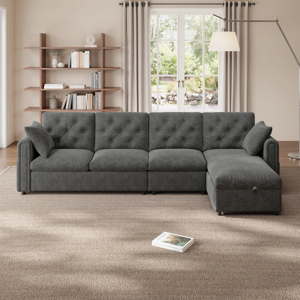 Divano angolare convertibile con vano contenitore e tasche laterali, in Velluto Grigio 281 × 132 × 86 cm