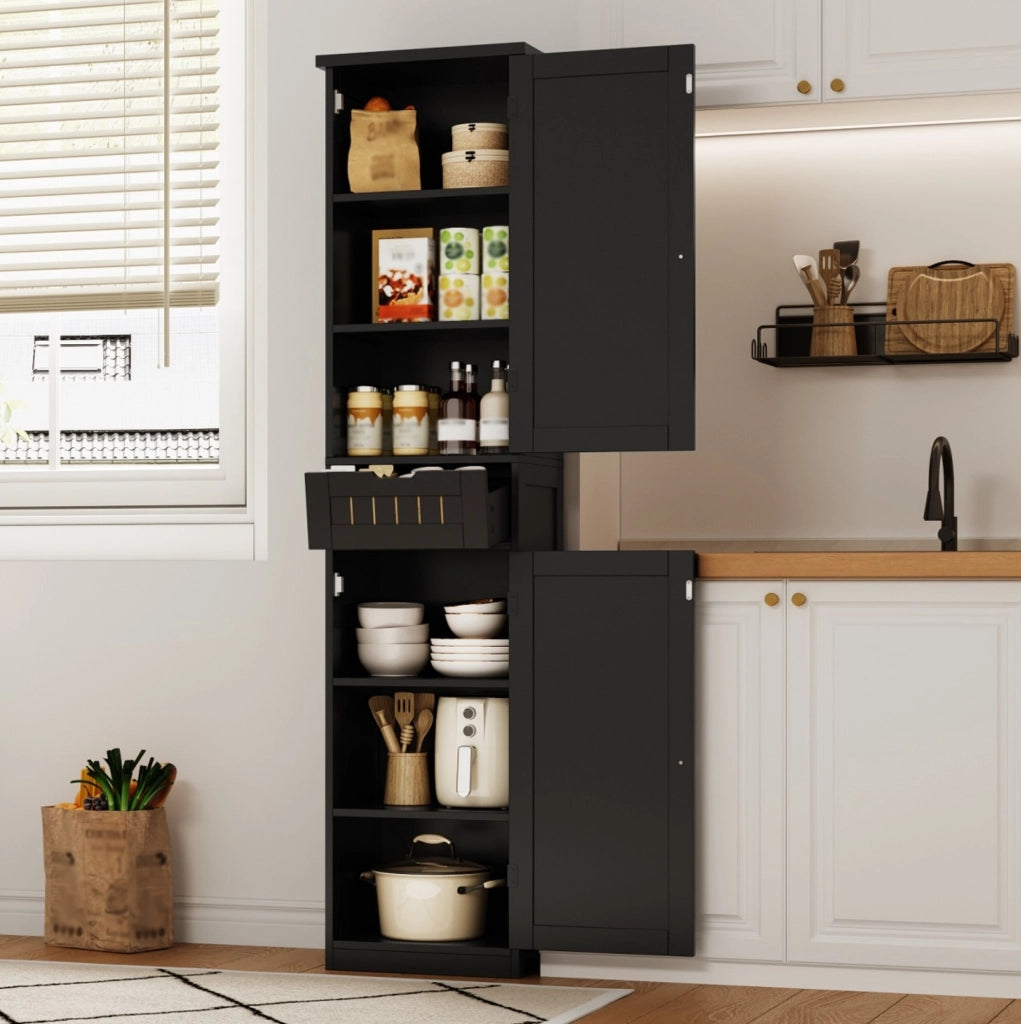Mobile contenitore 170x40x30 cm in MDF nero con 4 ripiani regolabili e ante a griglia