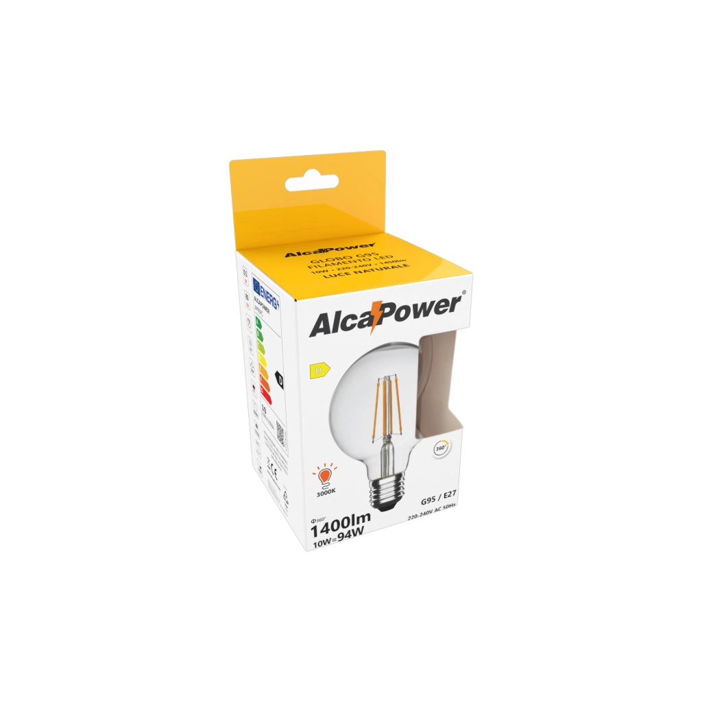 Alcapower Lampada LED Globo G95 Filamento 10W E27 Luce Naturale 4000K 1450lm Classe Energetica D - Ideale per Illuminazione d'Interni Decorativa