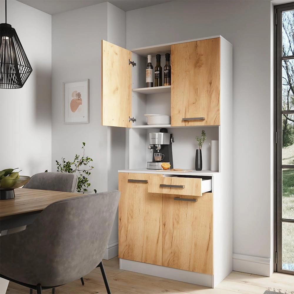 Buffet da cucina Raul, Rovere bianco/dorato, 83.6 x 188.5 cm con 4 porte e 1 cassetto, con ripiano aperto per dispositivi e combinabile con moduli aggiuntivi