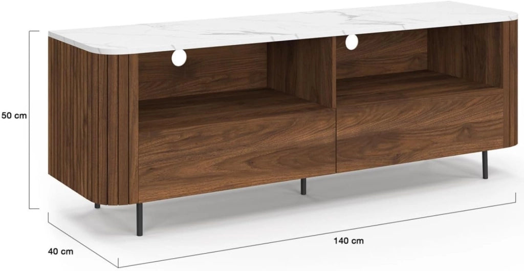 140 cm MARLA mobile TV effetto doghe in noce con 2 cassetti e piano in marmo bianco ALASKA