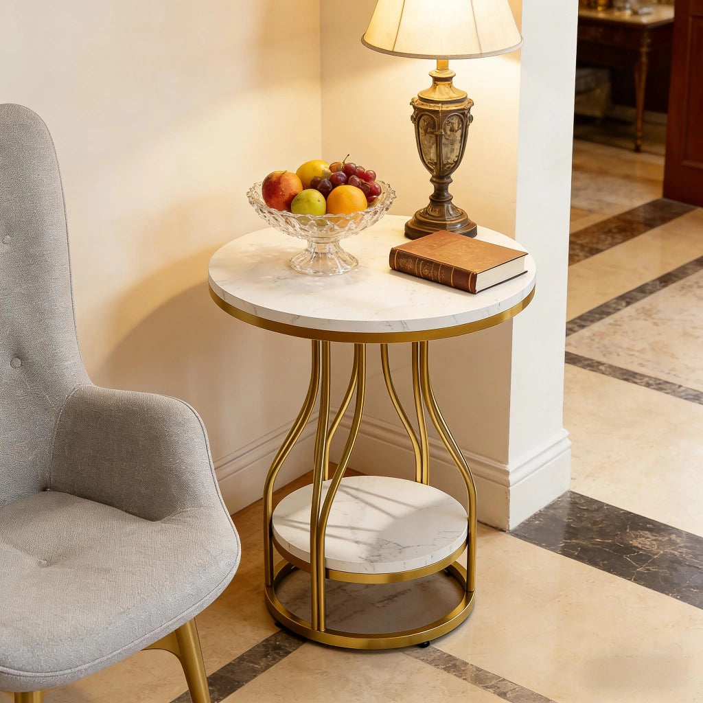 Tavolino basso fisso rotondo a 2 ripiani in marmo artificiale bianco e oro 50 × 50 × 60 cm