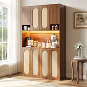Credenza alta con 8 ante e LED, per sala da pranzo e soggiorno, in MDF e PE-rattan, naturale, 106 × 40 × 178 cm