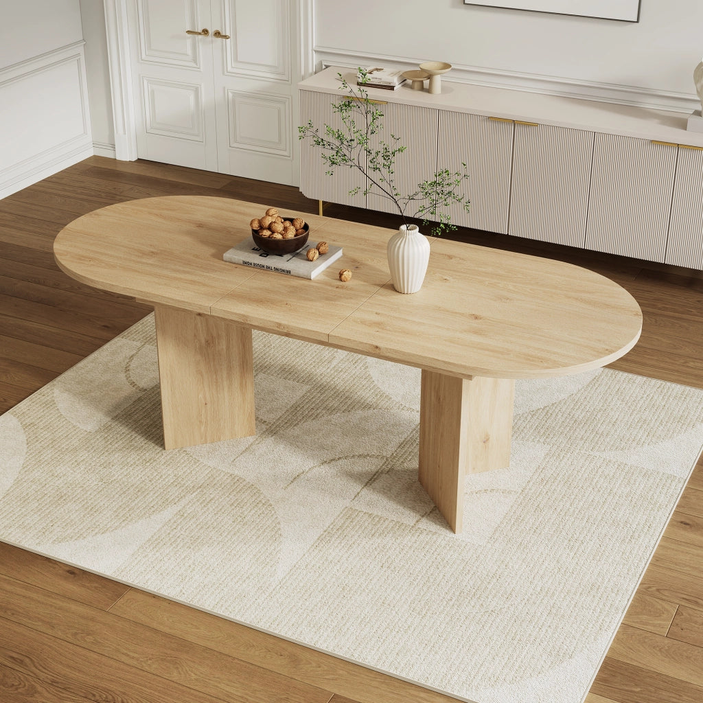 Tavolo allungabile con piano spesso 18 mm e angoli arrotondati, stile moderno, per sala da pranzo, in MDF, rovere