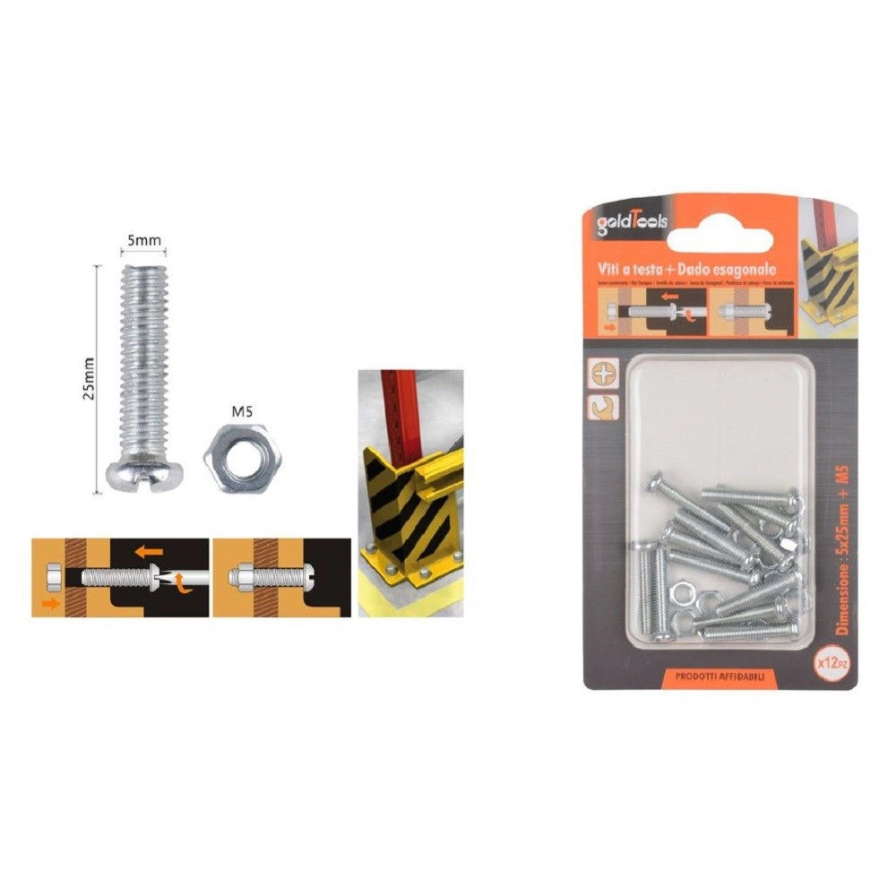Trade Shop - Set 12 Pz Viti Vite Testa A Croce Tonda 5x25mm Con Dadi Dado Esagonale M5 90969 -