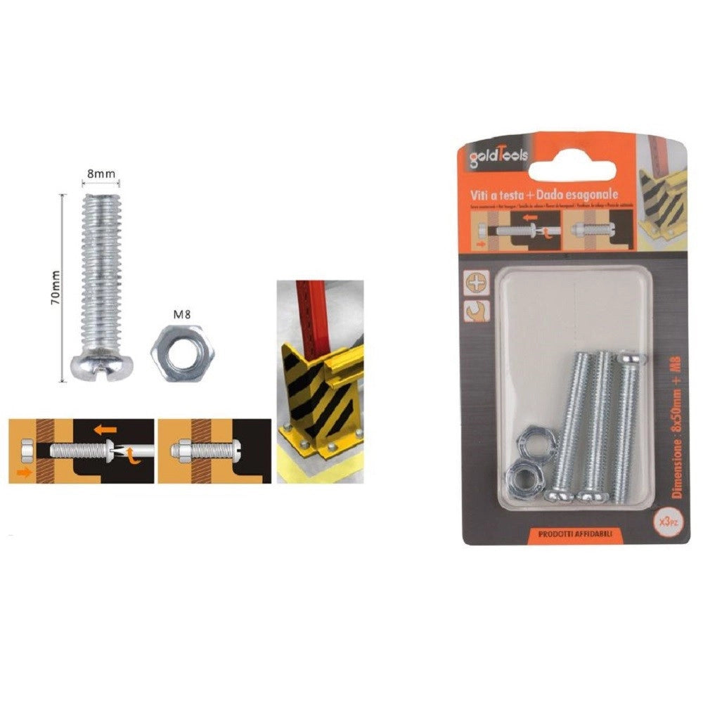 Trade Shop - Set 3 Pz Viti Vite Testa A Croce Tonda 8 X 50mm Con Dadi Dado Esagonale M8 90987 -