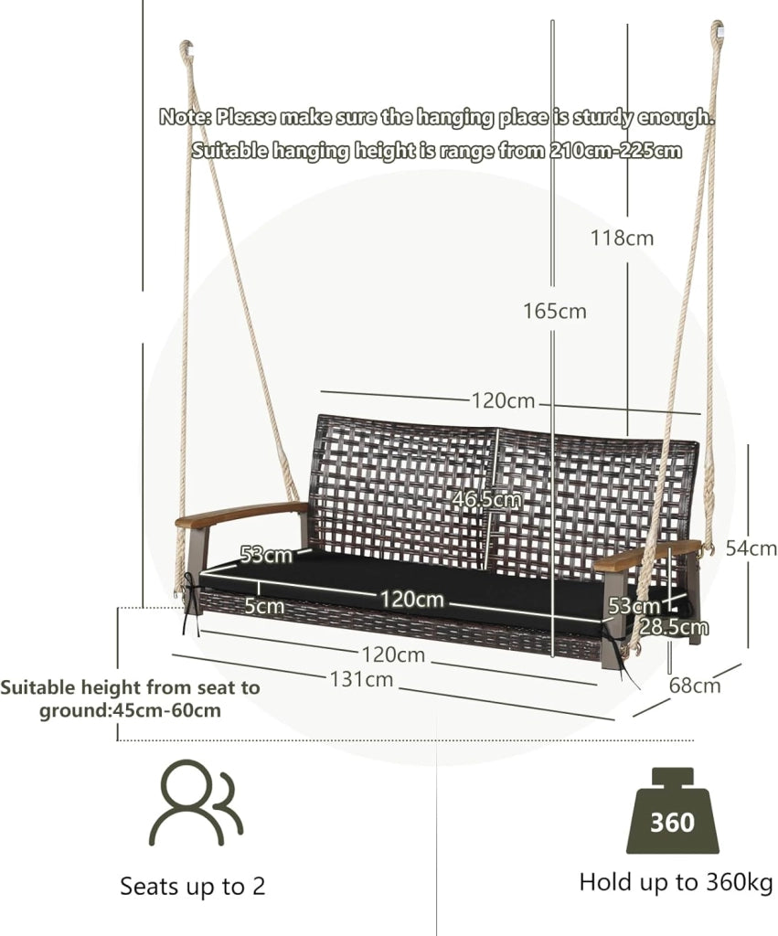 Porch Swing in Vimini PE a 2 Posti, Altalena da Esterno con Morbido Cuscino Sedile e Cordami Appendiabili, Capacità di Carico di 360 KG, Adatta per Cortile, Giardino, Portico (Nero)