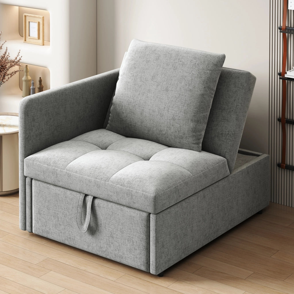 Divano Letto 3 in 1 con Schienale Regolabile a 5 Posizioni; Cuscino e Rivestimento in Lino Grigio 177 x 68 x 65 cm